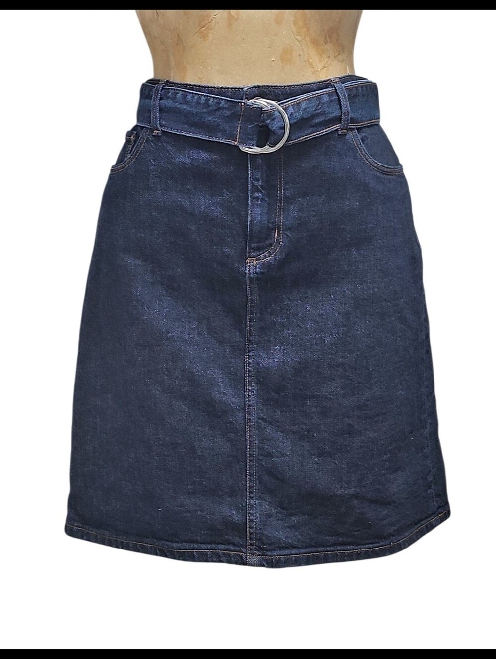 Ann Taylor Belted Denim Jean Skirt Dark Blue Wash Silver Chrome Buckle Size 8